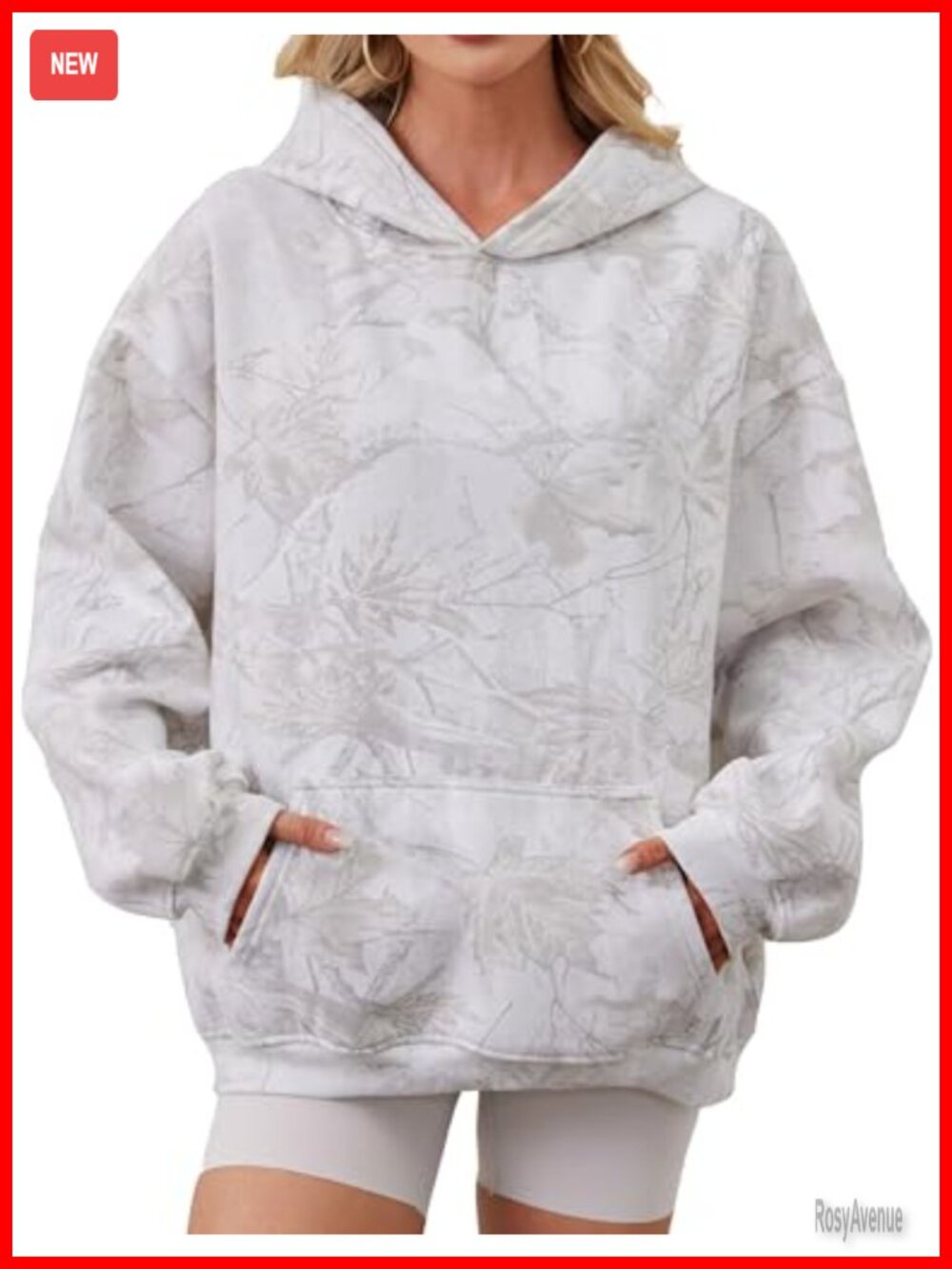 Oversized Camo Fleece Hooded Sweatshirt Maple Leaf Print Pullover with Kangaroo